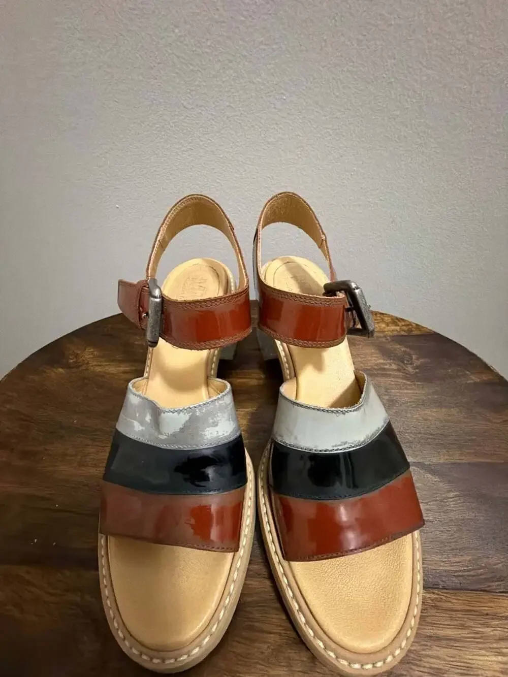 MM6 Maison Margiela Tri-Color Patent Leather Block‎ Heel Sandals Size 38